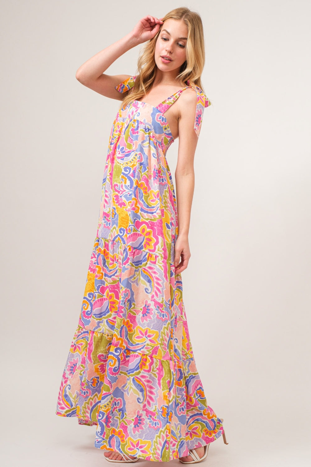 And The Why Full Size Printed Tie Shoulder Tiered Maxi Dress *