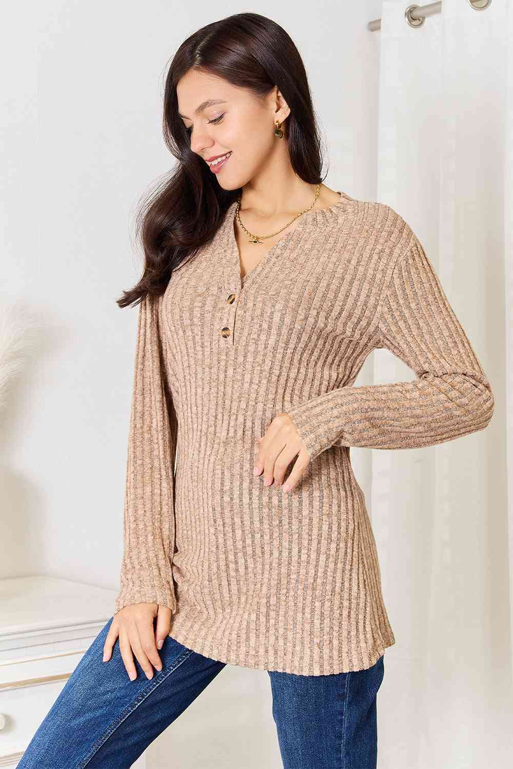 Double Take Notched Neck Ribbed Long Sleeve T-Shirt *