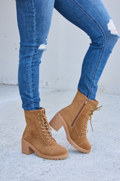 Forever Link Tan Lace-Up Zipper Detail Block Heel Boots