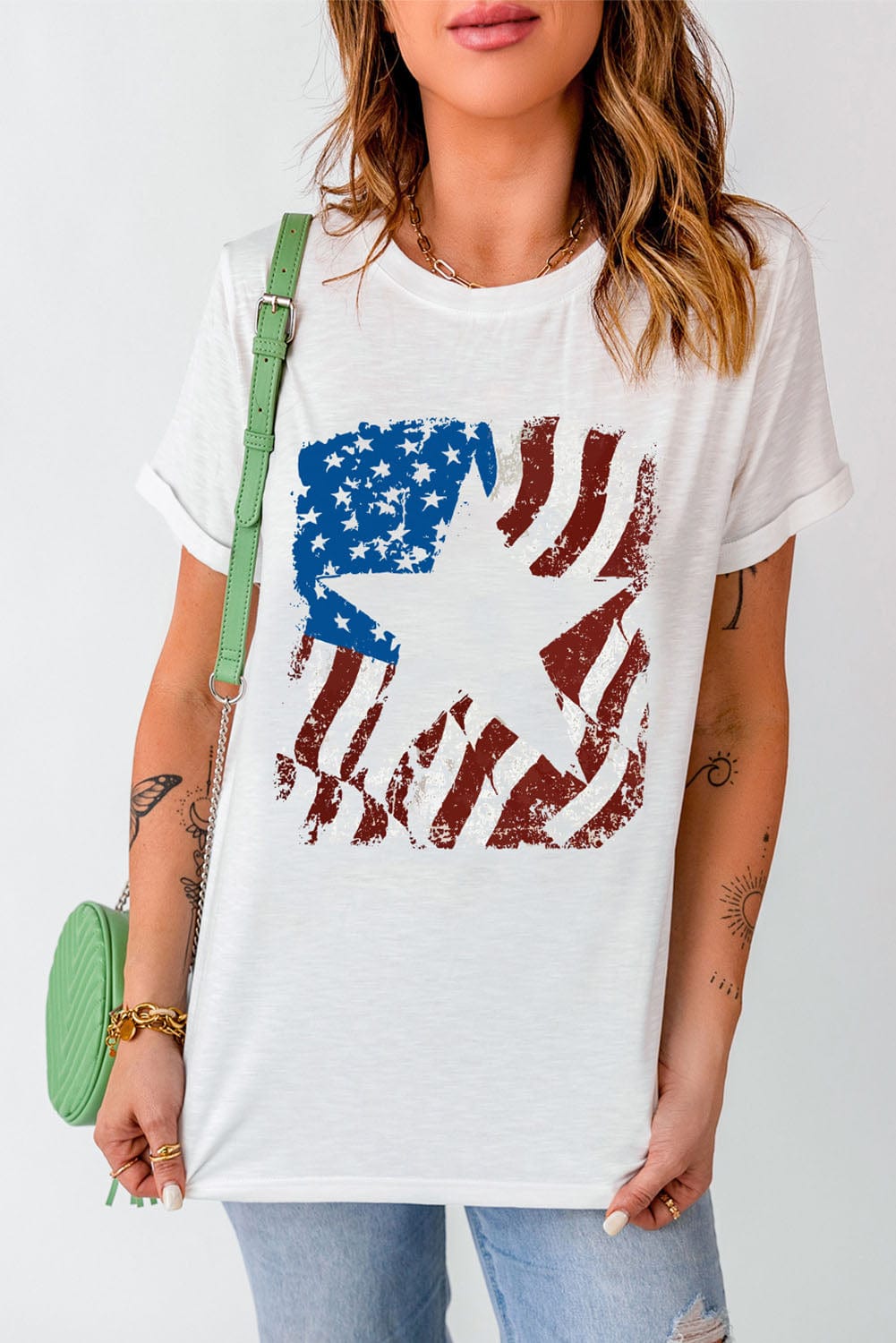 Full Size US Flag Graphic Round Neck Tee