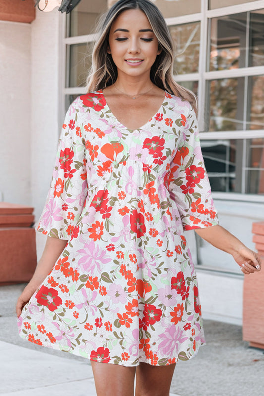 Women's Floral V-Neck Three-Quarter Sleeve Mini Dress