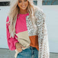 Full Size Color Block Leopard Round Neck Sweatshirt
