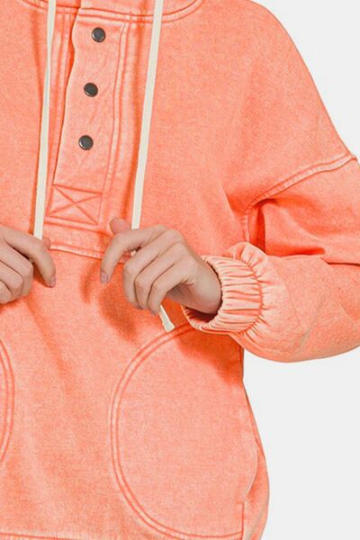 Zenana Drawstring Half Snap Dropped Shoulder Hoodie - Brand Zenana