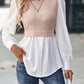Full Size Contrast Round Neck Puff Sleeve Blouse