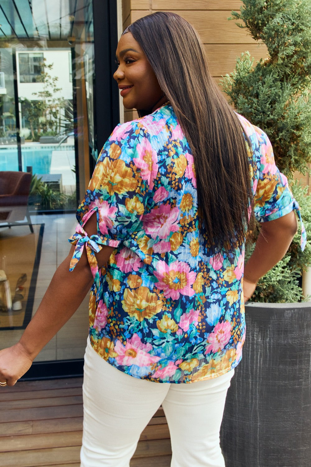 Petal Dew Full Size Floral V-Neck Tie Detail Blouse *