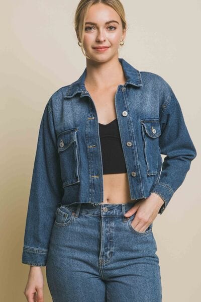 LOVE TREE Raw Hem Button Up Cropped Denim Jacket *
