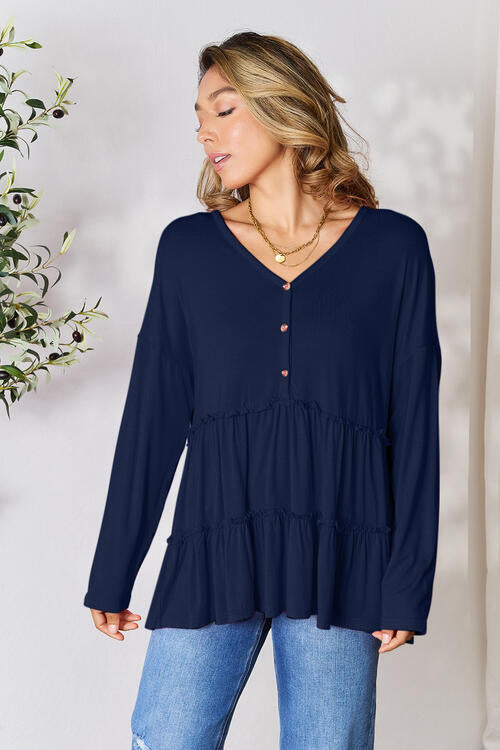 Double Take Half Button Long Sleeve Ruffle Hem Blouse *