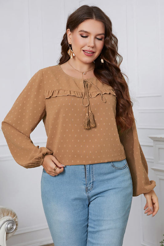 Beauteous Plus Size Swiss Dot Frill Trim Round Neck Blouse