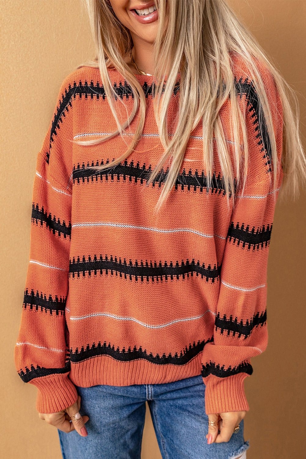 Full Size Striped Drop Shoulder Ribbed Cuff Sweater