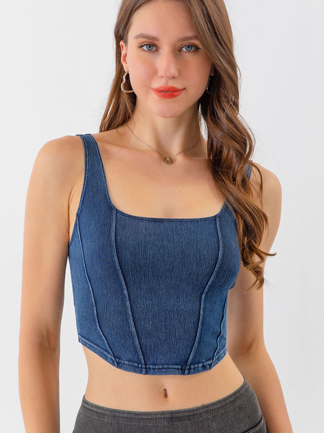 AMIEE LEAH Full Size Seam Detail Cropped Denim Tank