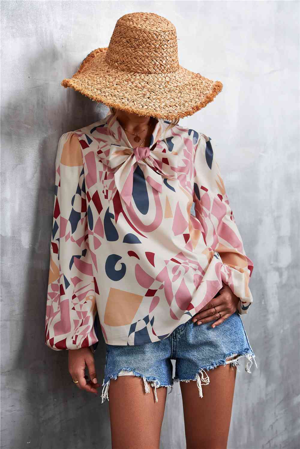 Printed Tie Neck Puff Sleeve Blouse