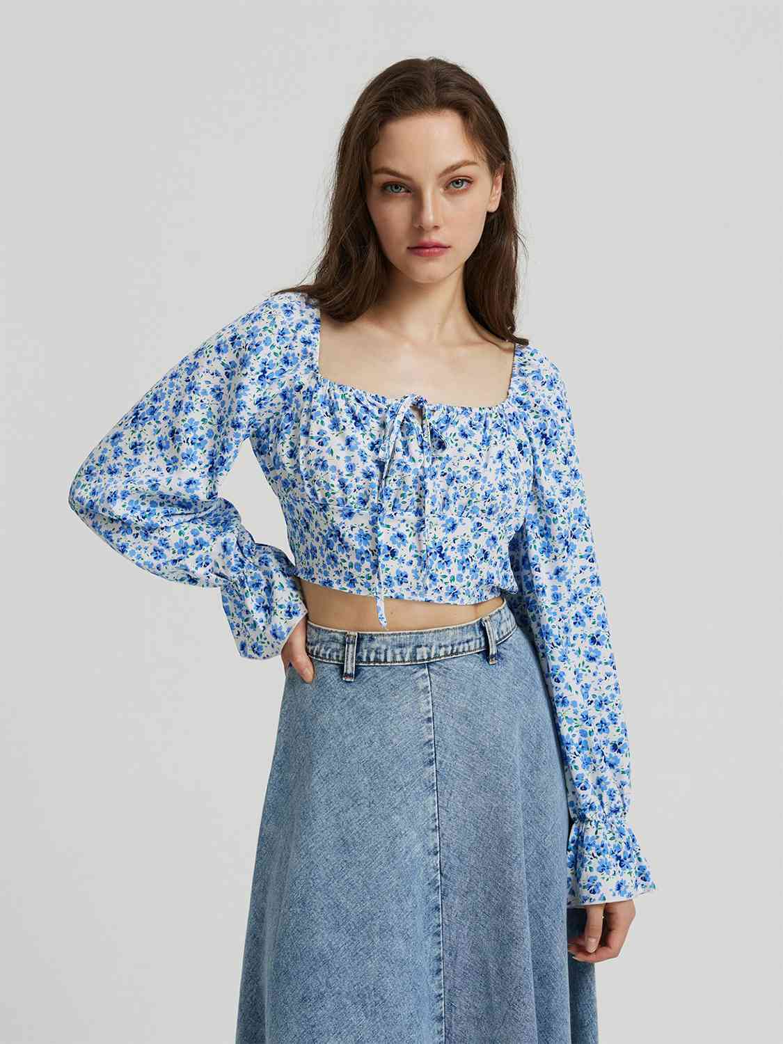 Sky Blue Floral Tie Front Square Neck Flounce Sleeve Blouse