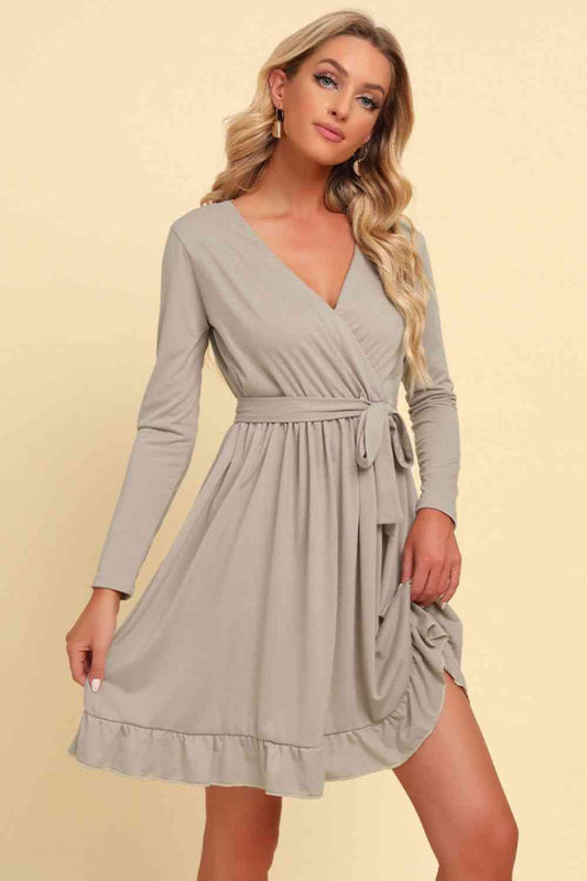 FULL SIZE Long Sleeve Tie Waist Ruffle Hem Dress