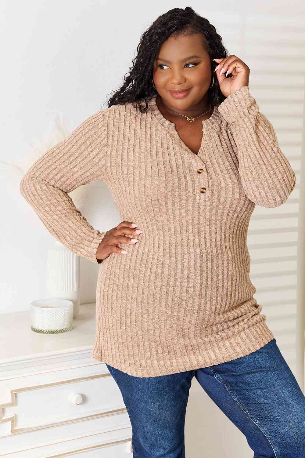 Double Take Notched Neck Ribbed Long Sleeve T-Shirt *