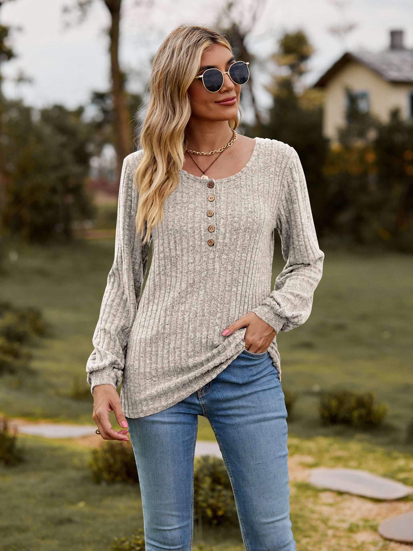 Full Size Round Neck Button-Down Long Sleeve Tee