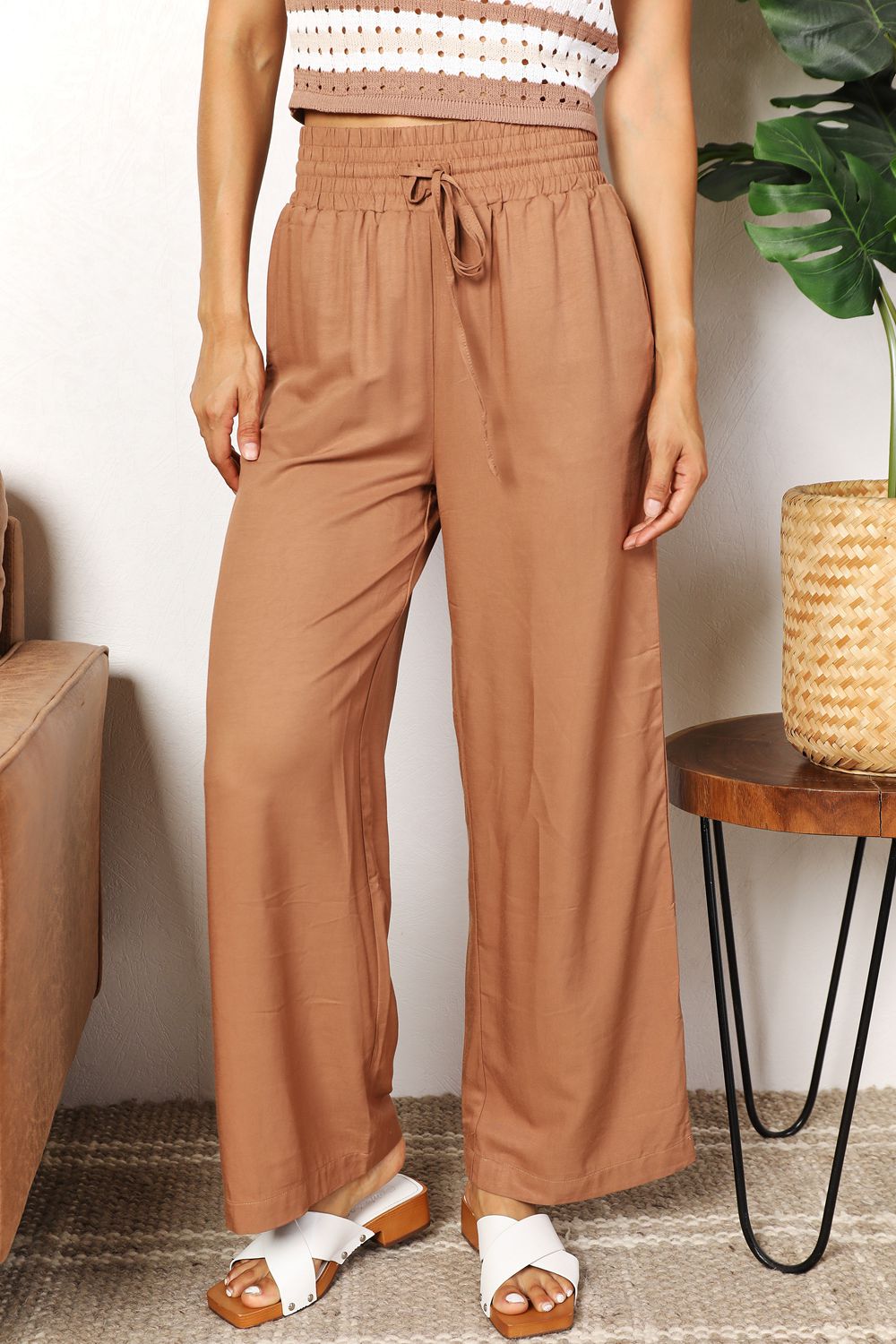 Double Take Drawstring Smocked Waist Wide Leg Pants *