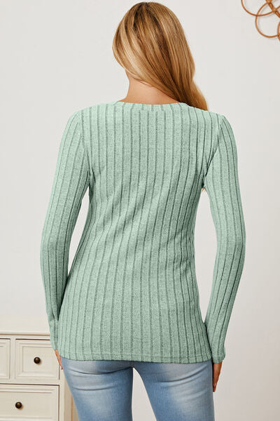 Basic Bae Full Size Ribbed V-Neck Long Sleeve T-Shirt *