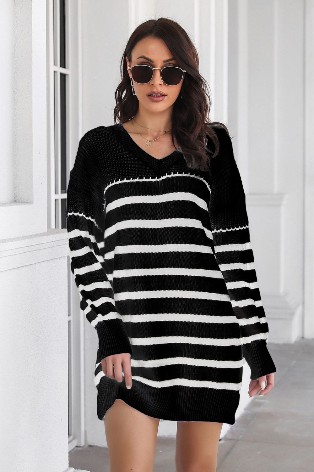 Athena Rea Striped V-Neck Drop Shoulder Sweater Dress