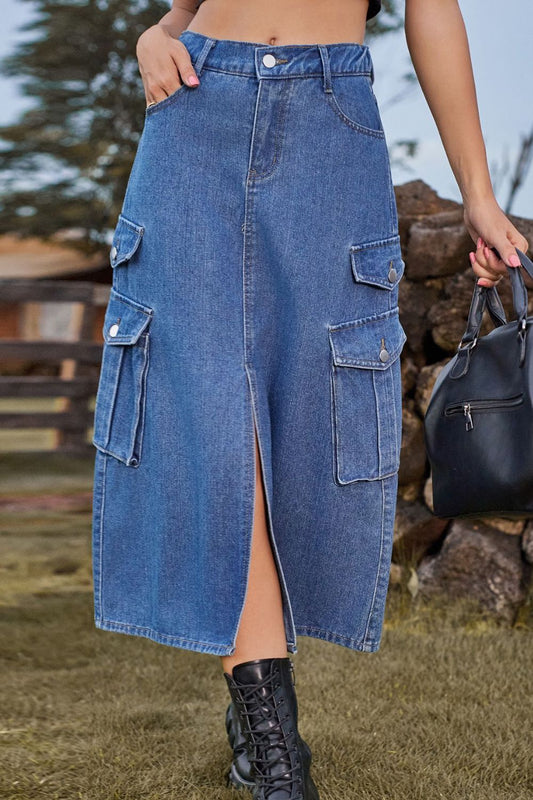 Full Size Slit Front Midi Denim Skirt with Pockets