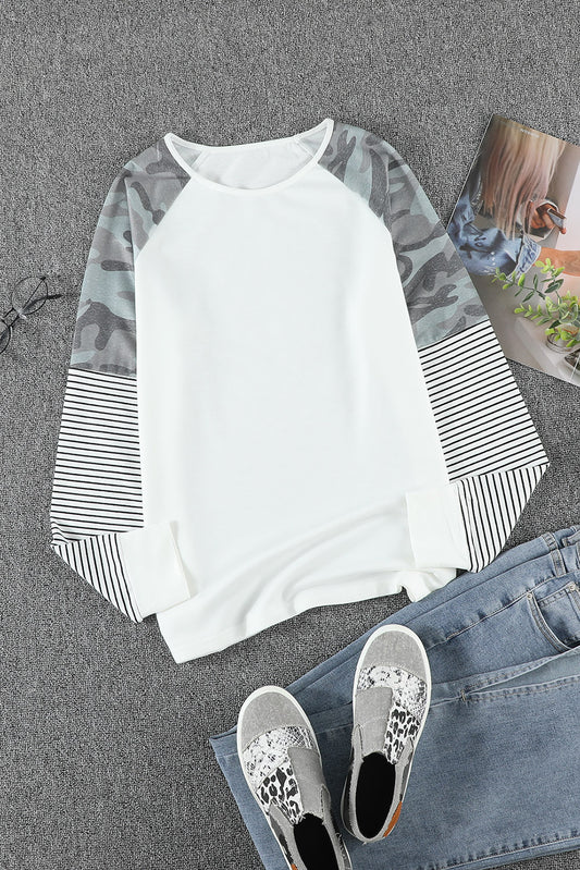 Women's Full Size Natalia Camouflage and Stripe Print Raglan Top