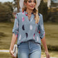 Full Size Printed Roll-Tab Sleeve Notched Neck Blouse