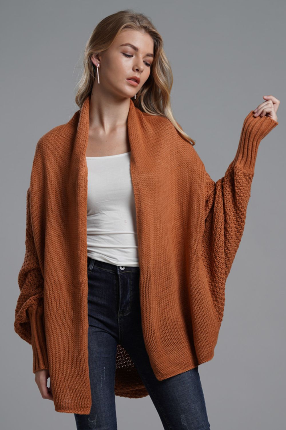 One Size Dolman Sleeve Open Front Ribbed Trim Longline Cardigan