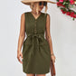 Buttoned V-Neck Belted Sleeveless Mini Dress