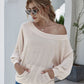 Boat Neck Waffle-knit Lantern Sleeve Blouse with Pocket