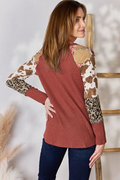Hailey & Co Full Size Leopard Waffle-Knit Blouse *