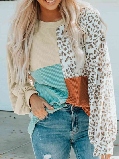 Full Size Color Block Leopard Round Neck Sweatshirt