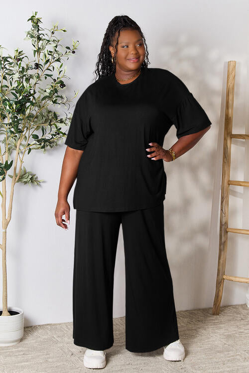 Double Take Full Size Round Neck Slit Top and Pants Set *