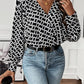 Geometric V-Neck Black Long Sleeve Blouse