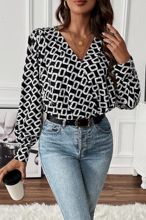 Geometric V-Neck Black Long Sleeve Blouse