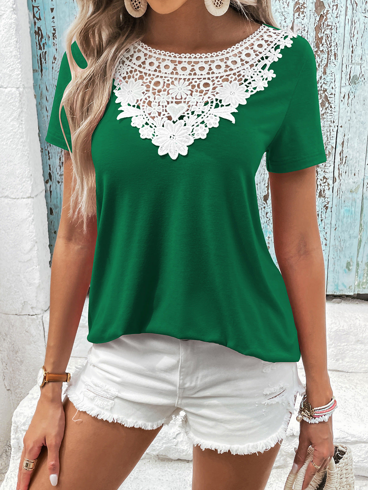 Women's Spliced Lace Contrast Short Sleeve Top