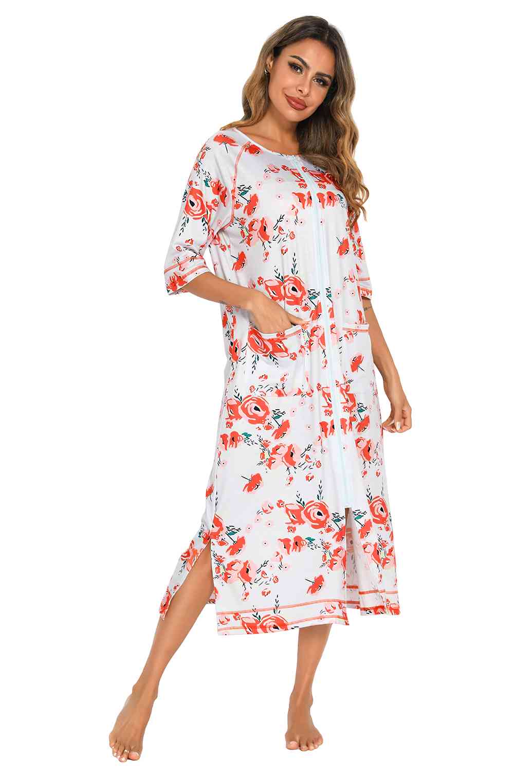 Printed Slit Night Dress with Pockets