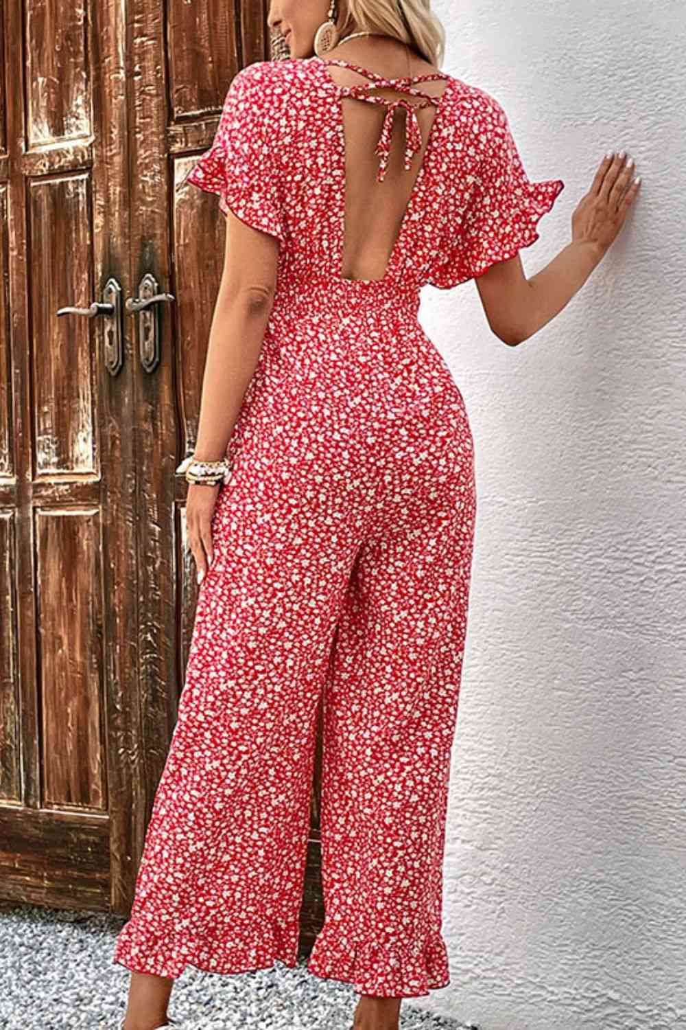 Floral Printed Tie Back Ruffled Jumpsuit