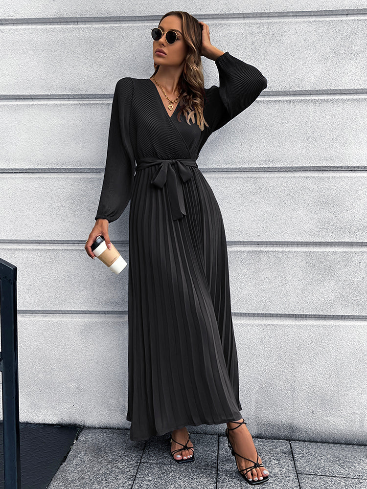 Full Size V-Neck Tie Waist Pleated Maxi Dress