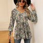 Full Size Printed V-Neck Lantern Sleeve Blouse
