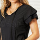 Double Take Black Full Size Eyelet Tie-Neck Flutter Sleeve Blouse