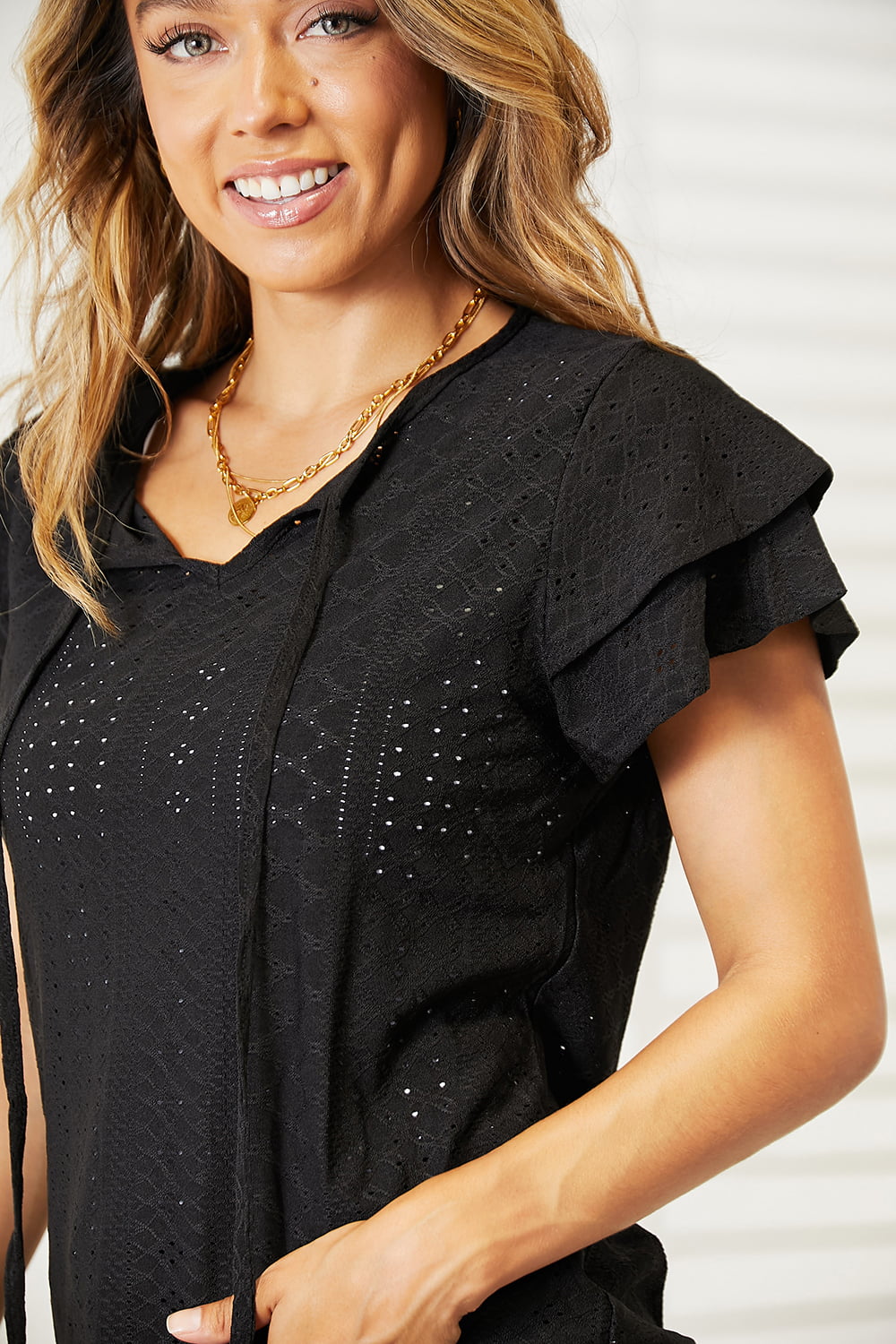 Double Take Black Full Size Eyelet Tie-Neck Flutter Sleeve Blouse