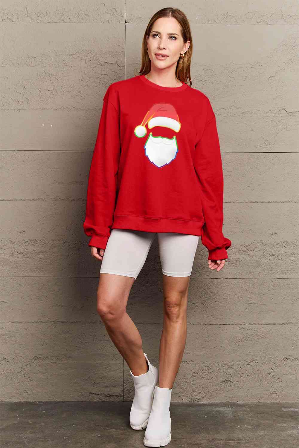 Simply Love Full Size Rainbow Christmas Santa Graphic Round Neck Sweatshirt