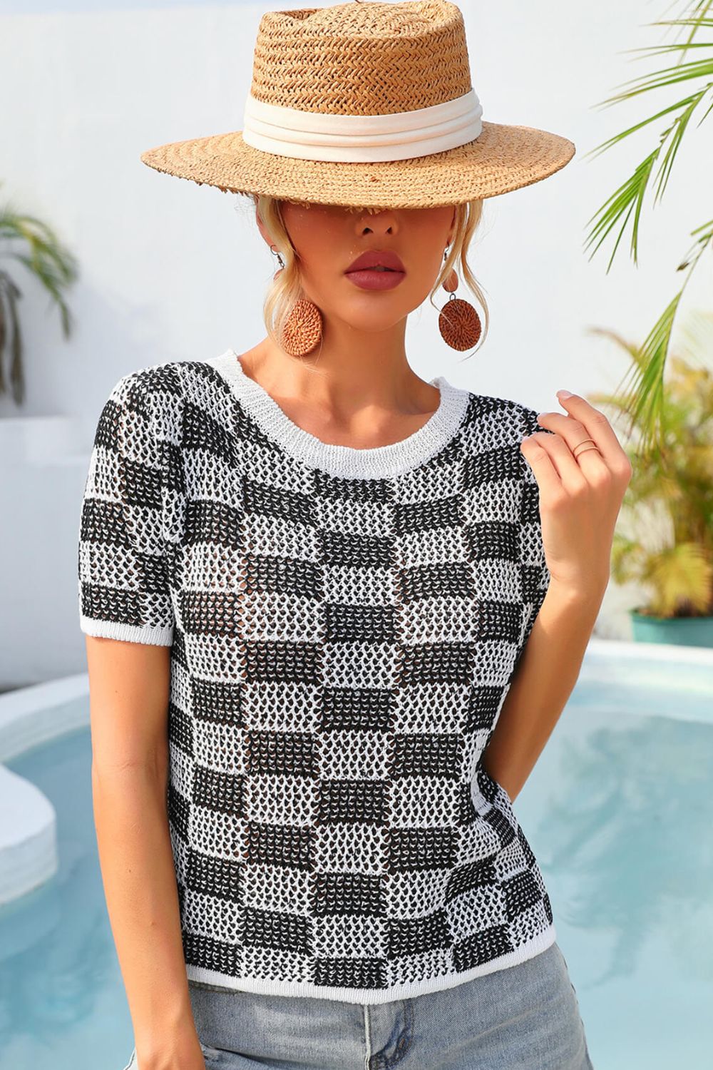 Women's Checkered Short Sleeve Knit Top