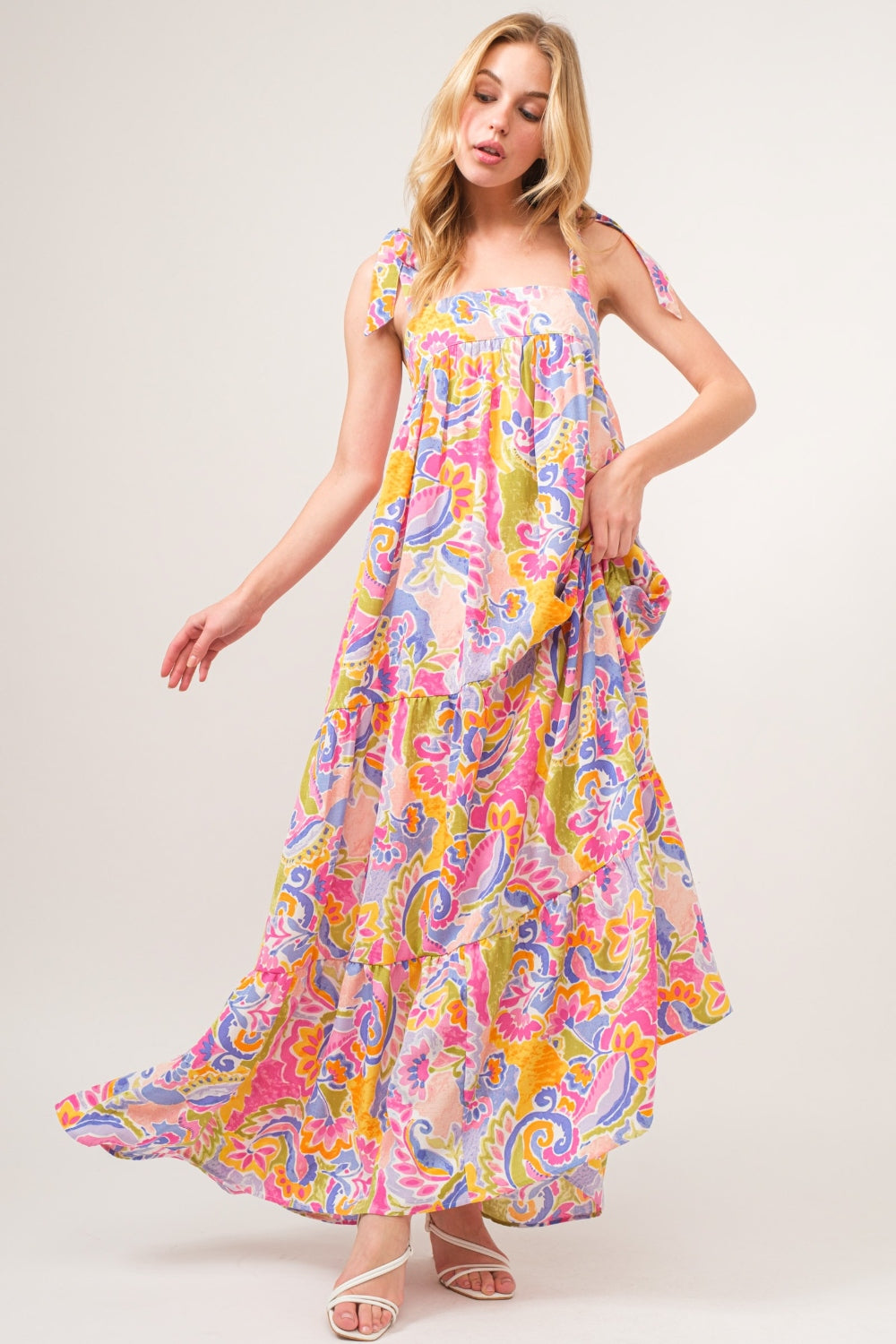 And The Why Full Size Printed Tie Shoulder Tiered Maxi Dress *