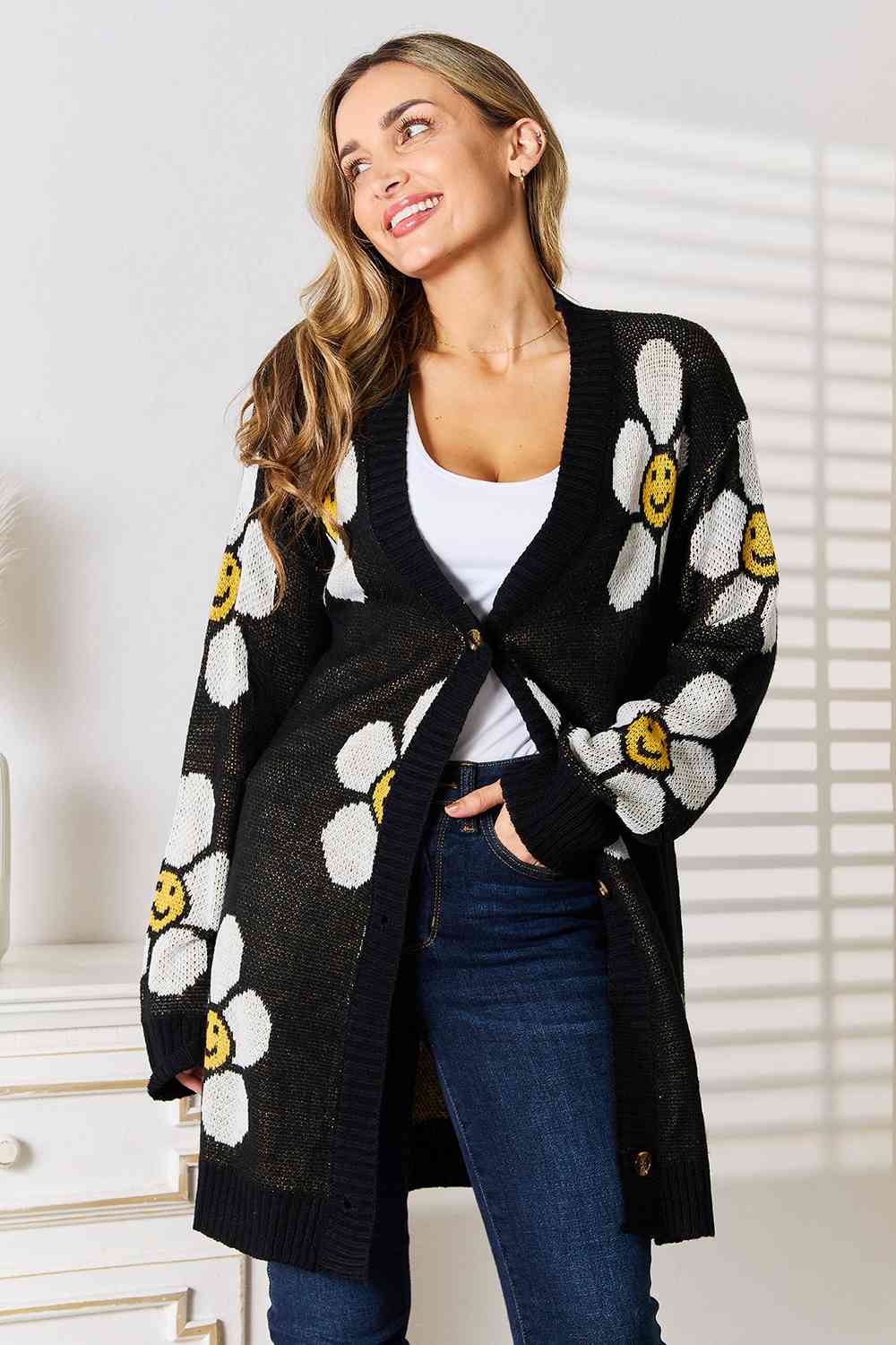 Double Take Floral Button Down Longline Cardigan *