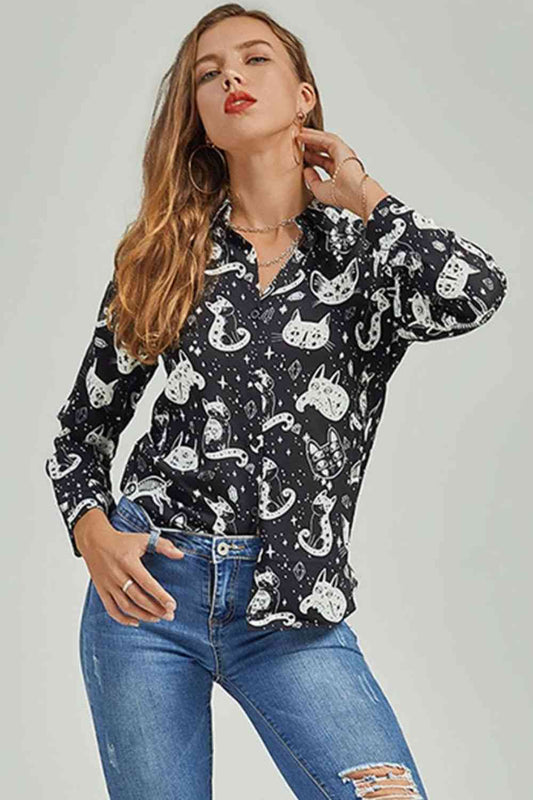 Cat Print Button-Up Black Shirt