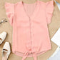 V-Neck Tie Hem Flutter Sleeve Blouse