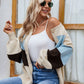 Color Block Button Up Lantern Sleeve Cardigan