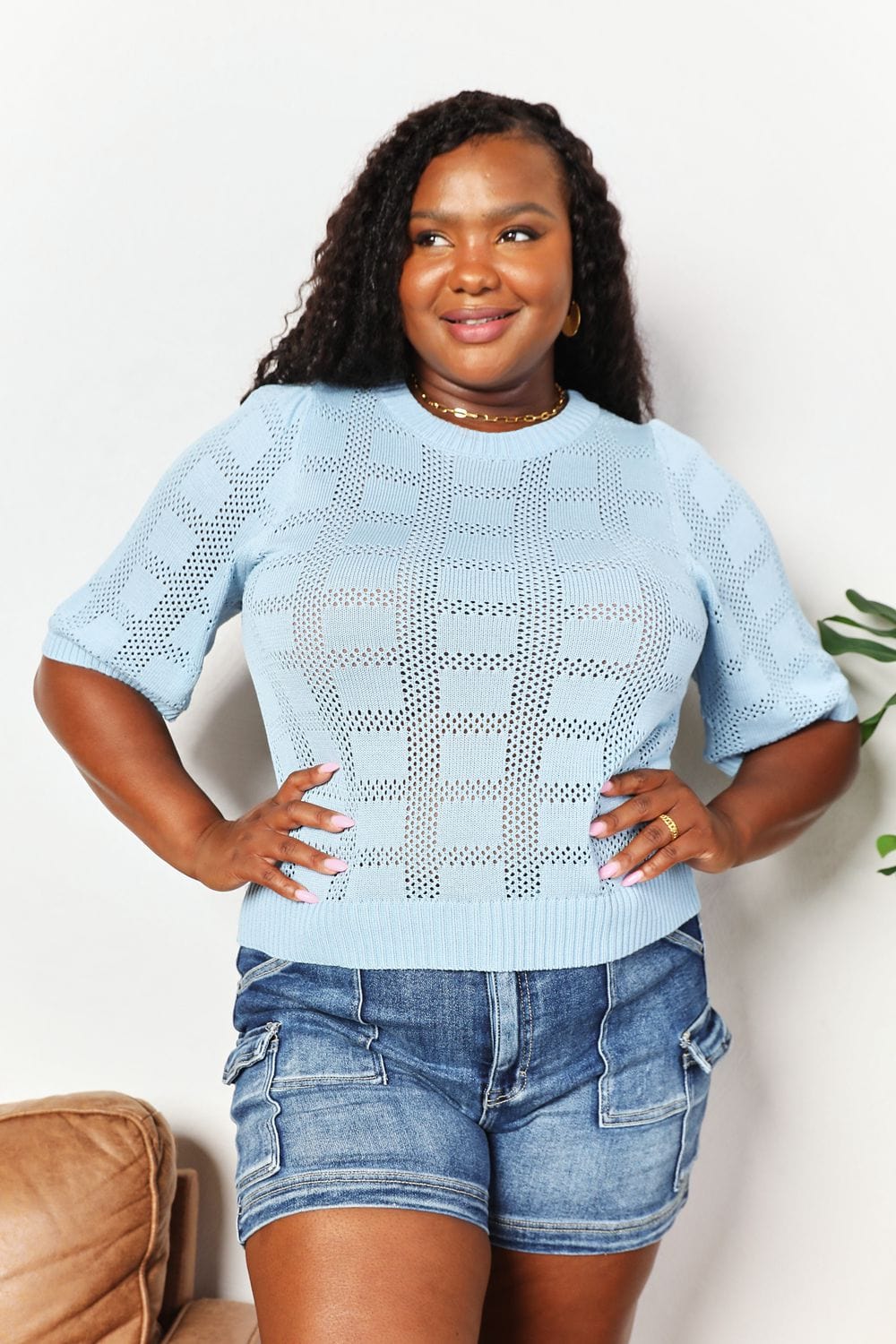 Double Take Ribbed Trim Round Neck Knit Top *