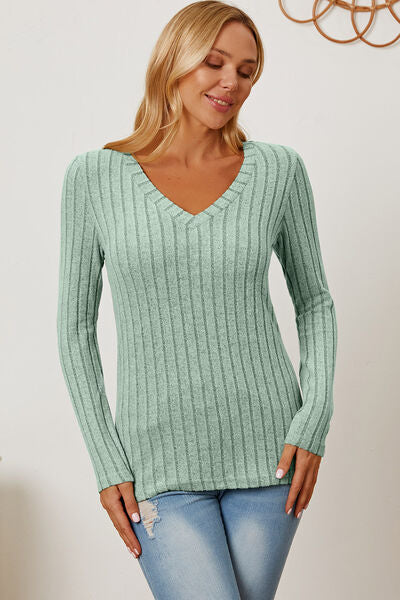 Basic Bae Full Size Ribbed V-Neck Long Sleeve T-Shirt *