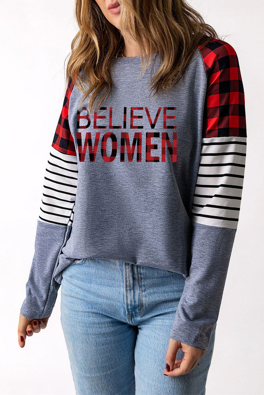 Women's Full Size BELIEVE WOMEN Plaid Striped Raglan Sleeve Top